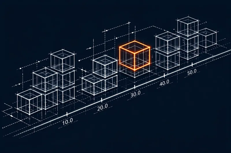 Isometric white-line wireframe of data blocks locking into a timeline